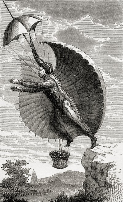 Lentävä mies, kaiverrettu Nicolas Edme Restif de la Bretonnen mukaan teoksesta Wonderful Balloon Ascents or the Conquest of the Skies, kirjoittanut Fulgence Marion, julkaistu noin vuonna 1870 tekijältä French School