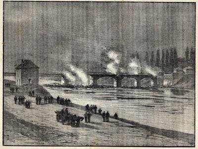 Ranskan ja Preussin sota - Pariisin puolustaminen - Asnieresin silta polttava - Asnieresin sillan tulipalo Pariisin piirityksen (puolustuksen) aikana. Kaiverrus "" Les combatants de 1870-71" - komentaja Leonce Rousset (1850-) 1938) - Ranskan Preussin sota  tekijältä French School