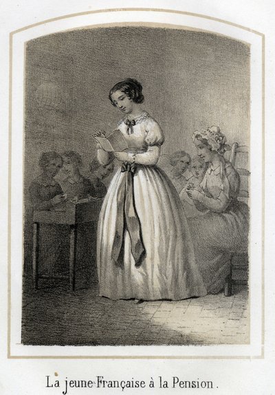 Ranskalainen tyttö lukee luokkatovereilleen. Anonyymi kaiverrus 1800-luvulta tekijältä French School