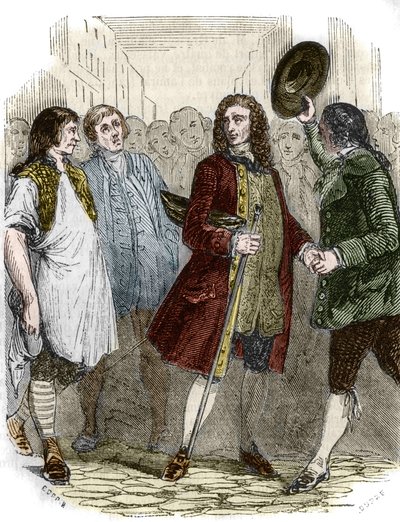 Ranskalainen kirjailija ja filosofi Francois-Marie Arouet dit Voltaire (1694-1778) palasi maanpaossa Ranskaan. Kaiverrus 1800-luvulta. tekijältä French School