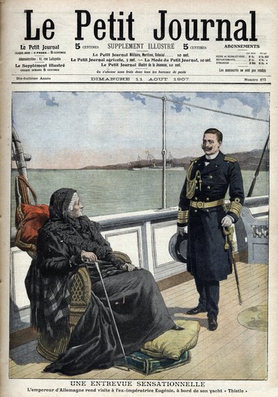 Saksan keisari Vilhelm II (1859-1941) vieraili entisen keisarillisen Eugenian (1826-1920) luona jahtillaan "Thistle", "Le petit journal" 11. elokuuta 1907 (kaiverrus) tekijältä French School