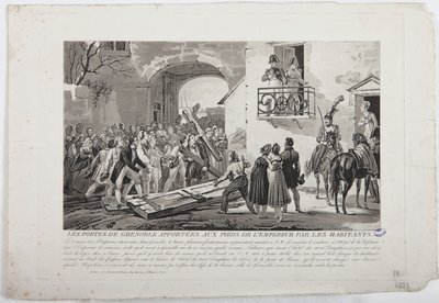 Asukkaat asettavat Grenoblen portit keisarin jalkoihin, 6. maaliskuuta 1815, julkaisija Martinet, 1815 tekijältä French School