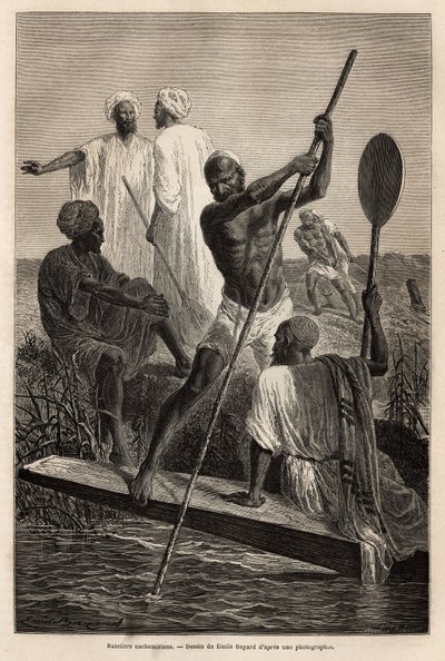 Kashmirin venemiehet Srinagarin (Shrinagar) läheisyydessä, täydessä työssä - Kaiverrus havainnollistamaan Pandjabin ja Kashmirin tarinaa, Guillaume Lejean vuonna 1866, julkaistu "" Le tour du monde" -lehdessä 1870-1871, toimittanut Edouard Charton, Hachett tekijältä French School
