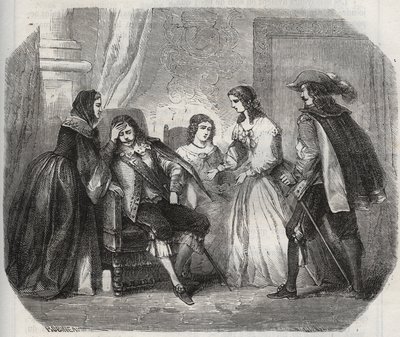 Ranskan kuningas Ludvig XIII (1601-1643) saa migreenin puhuessaan Itävallan kuningatar Annelle (1601-1666). Kaiverrus vuodelta 1871 Henry de Kockin (1819-1892) teokseen "Histoire Des Cocus Celebres". tekijältä French School