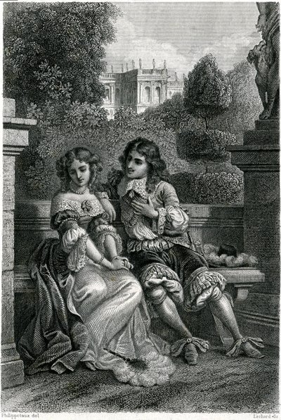 Ranskan kuningas Ludvig XIV Mademoiselle de la Vallièren ritarillisessa seurassa tekijältä French School