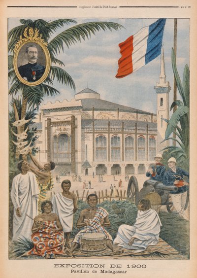 Madagaskarin paviljonki vuoden 1900 yleisnäyttelyssä Pariisissa, kuvitus  tekijältä French School