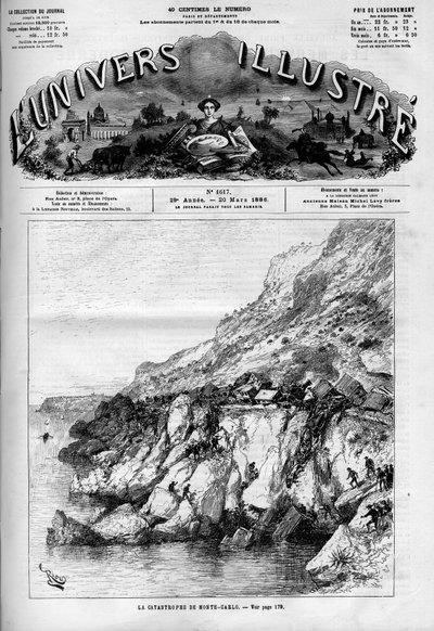 Monte Carlon (Monte-Carlon) katastrofi: junaonnettomuus rannikon rautatiellä. Sanomalehti. Kaiverrus "" Le Monde Illustré" -kirjassa tekijältä French School