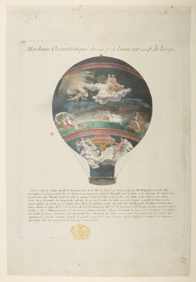 Montgolfier-ilmapallo, jossa on "kunniakkaita klassisia viittauksia", Machine Aerostatique de 126 pt de haut sur 100pt de large (värillinen kaiverrus) tekijältä French School