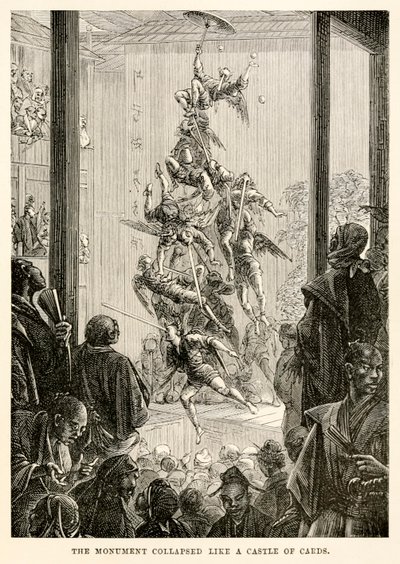 Monumentti romahti kuin korttilinna Jules Vernen (1828-1905) "Maailman ympäri kahdeksassakymmenessä päivässä" tekijältä French School