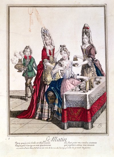 Aamu, nainen käymälässä, 1600-luvun 2. puolisko (värikaiverrus) tekijältä French School