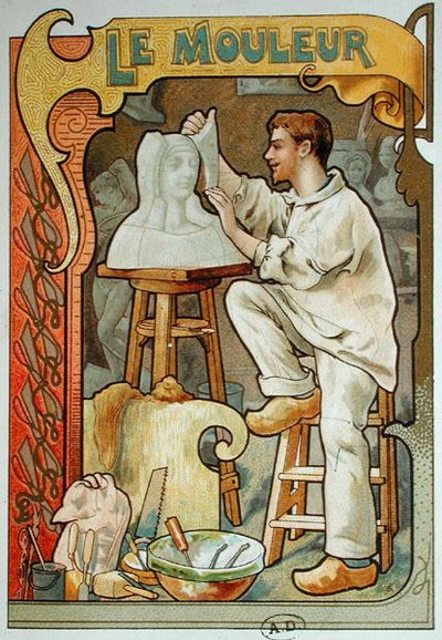The Moulder, kuvitus käsitöitä käsittelevästä kirjasta, n.1899 (värilitho) tekijältä French School