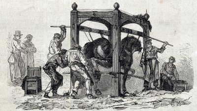 Alfortin kansallinen eläinlääkintäkoulu - Les Grandes Ecoles de France - Maison Alfortin eläinlääketieteellinen koulu vuonna 1866 - Vastahakoisten hevosten kenkiminen - Kaiverrus "Le monde illustrious" vuodelta 1866 tekijältä French School