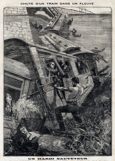 New York Buffalo -juna putoaa jokeen Yhdysvalloissa: mies yrittää pelastaa hukkumisvaarassa olevia matkustajia. "" Le Peute Parisien" -julkaisussa 11.7.1897. Yksityinen kokoelma tekijältä French School