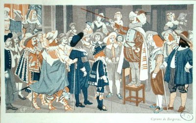 Nenäpuhe Hotel de Bourgognessa, kuvitus Edmond Rostandin (1868-1918) teoksesta "Cyrano de Bergerac" n. 1905 (värilitho) tekijältä French School