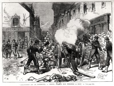 Pariisin kommuuni: Barrikadi Issyssä, 2. toukokuuta 1871 (kaiverrus) (bw-kuva) tekijältä French School
