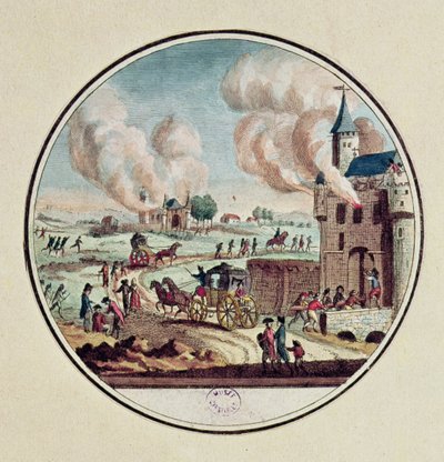 Linnajen ryöstäminen ja tuhoaminen sekä ruhtinaiden ja hovimiesten muuttoliike heinäkuussa 1789 (värikaiverrus) tekijältä French School