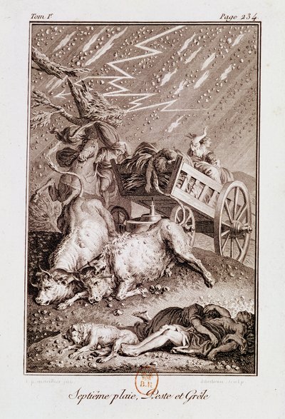 Egyptin vitsaukset: Sairaiden karjan vitsaukset, kiehuvat ja rakeet, Isaac Lemaistre de Sacyn (1613-84) "Raamatusta" tekijältä French School