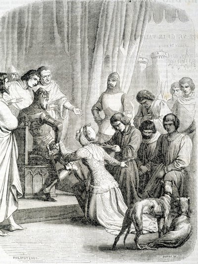 Englannin kuningatar (Philippa de Hainaut) pyytää kiitoksia aviomiehelleen Edward III:lle Calais
