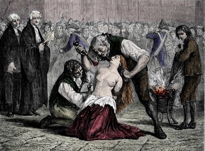 Kuningattaren kaulakorutapaus: Madame de la Motten kärsimys (1756-1791). Yritettyään hävetä kaulakorua, josta kuningatar kieltäytyi, hänet tuomittiin flagelleeksi, merkittiin raudalla ja suljettiin Salpetriereen. tekijältä French School