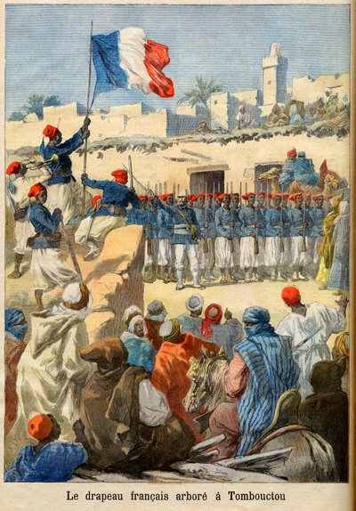 Ranskan lipun nostaminen Timbuktussa (Mali) Le petit Journalista, helmikuu 1894 (kaiverrus) - Ranskan lippu leijuu Timbuktussa. Kuvitus Le petit Journalille tekijältä French School