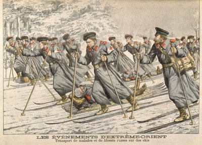 Punainen Risti, joka kuljetti loukkaantuneita venäläisiä suksilla Venäjän ja Japanin sodan aikana (1904-05), Le Petit Journal, n. 1904 tekijältä French School