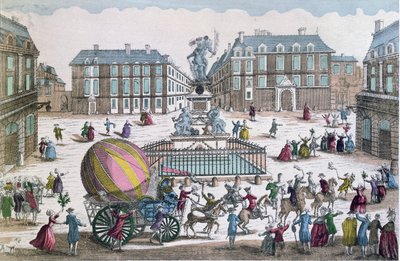 Paluu 2. joulukuuta 1783 Jacques Charlesin (1746-1823) ja Nicholas Robertin (1761-1828) ilmapallon Place des Victoires -pajaan tekijältä French School