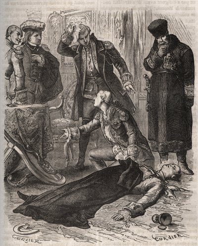 Venäjän keisari Pietari III (1728-1762), jolle määrättiin asuinpaikka, murhattiin Aleksei Orlov (1737-1808) ja hänen vartijansa hänen vaimonsa Katariina II:n käskystä, joka oli juuri syrjäyttänyt hänet ja ottanut valtaan. Kaiverrus vuodelta 1871 kirjassa " tekijältä French School