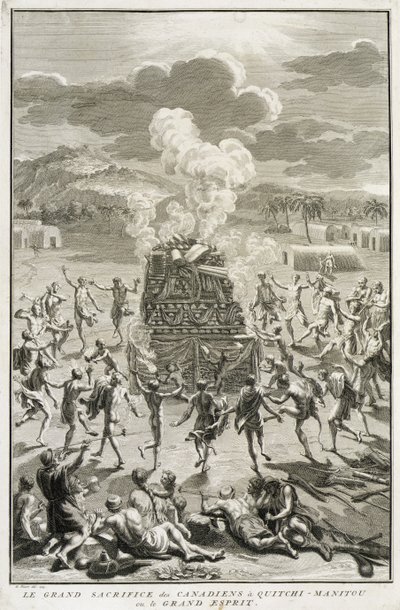 Kanadalaisten uhri Quitchi-Manitoulle eli Suuri Henki, kuvitus uskonnollisista seremonioista ja tavoista, kaiverrus Bernard Picart (1673-1733) 1723 tekijältä French School