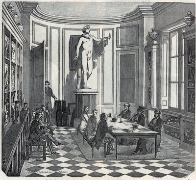 Pariisin lääketieteellinen tiedekunta - koe instrumenttihuoneessa - Kaiverrus "Tableau-de-Paris" Edmond Texier 1852 tekijältä French School