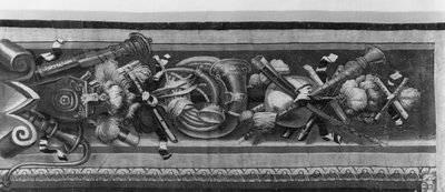 The Seasons kuvakudos, reunus, musiikki-instrumentit, n.1670, Gobelins Factory (yksityiskohta) tekijältä French School