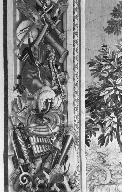 The Seasons kuvakudos, reunus, musiikki-instrumentit, n.1670, Gobelins Factory (yksityiskohta) tekijältä French School