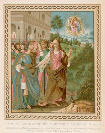 Tiburtiksen sibylla, joka ilmoittaa Augustukselle Jeesuksen Kristuksen tulemisesta (chromolitho) tekijältä French School