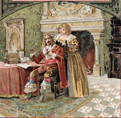 Beringhenin herra ja rouva du Fargis tekivät juonittelua Richelieua vastaan (Armand Jean du Plessis, Richelieun kardinaali (1585-1642), Ludvig XIII:n ministeri Azay-le-Rideaun linnassa (Azay le Rideau) (Indre-et- Loire). 19. päivän lopun kromolitografia tekijältä French School