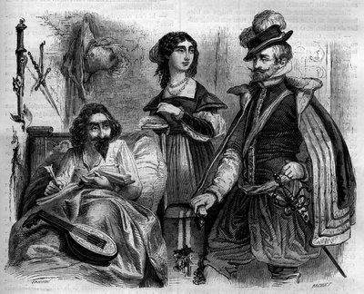 Espanjalainen kirjailija Miguel de Cervantes Saavedra (1547-1616) ympäröi kotonaan vuonna 1614 vaimoaan ja Lemosin kreiviä. Kaiverrus vuodelta 1852. tekijältä French School