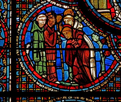St Lubinin ikkuna: St Avit siunaa Lubinia ja kahta munkkia (w45) tekijältä French School