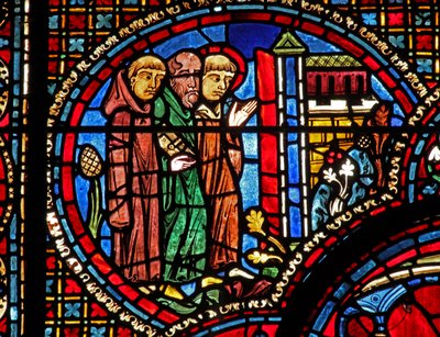St Lubinin ikkuna: hän saapuu kirkkoon kahden munkin kanssa (w45) tekijältä French School