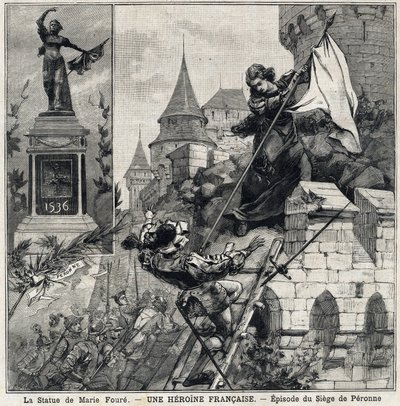 Marie Fouren patsas (vasemmalla): Catherine de Poix, joka tunnetaan nimellä "Marie Foure" (1500-luku), ranskalainen sankaritar, joka puolusti Peronnen kaupunkia vuonna 1536 Kaarle V:n sotilasjoukkojen hyökkäyksen aikana. "" Le Petit Parisien" -julkaisussa  tekijältä French School