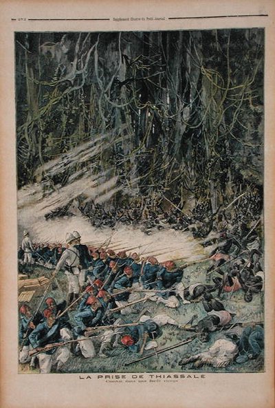 Thiassalen valtaaminen, taistelu Neitsyt-sademetsässä, kuvitus Le Petit Journal -lehdestä, 26. elokuuta 1893. tekijältä French School
