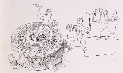 Temalacati eli gladiaattorikivi Codex Ramirezista, "Uuden maailman muinaisista kaupungeista", kirjoittanut Claude-Joseph-Desire Charney, pub. 1887 tekijältä French School