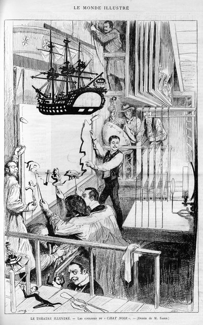Teatteri havainnollistaa: Chat noirin kulissien takaa. Kaiverrus "Le monde illustrious", "" 1888. tekijältä French School