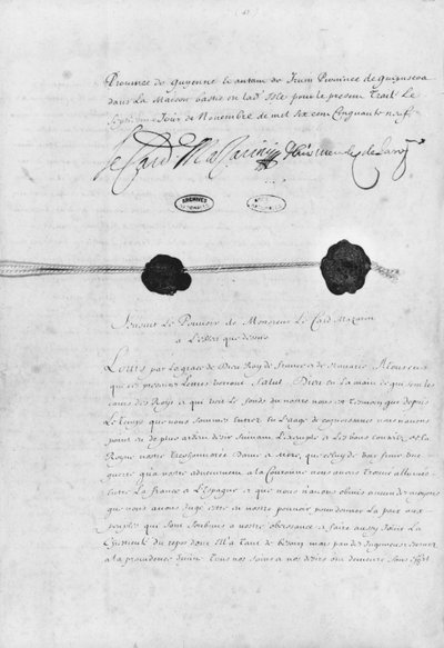 Pyreneiden rauhansopimus, jonka allekirjoittivat kardinaali Jules Mazarin (1602-61) ja Don Luis Mendez de Haro (1598-1661) 7. marraskuuta 1659 tekijältä French School