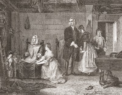 Wakefieldin kirkkoherra sovittaa vaimonsa Olivian kanssa Gilbert Stuart Newtonin maalauksen jälkeen. Histoire des Peintres, École Anglaise, julkaistu 1867 (litho) tekijältä French School