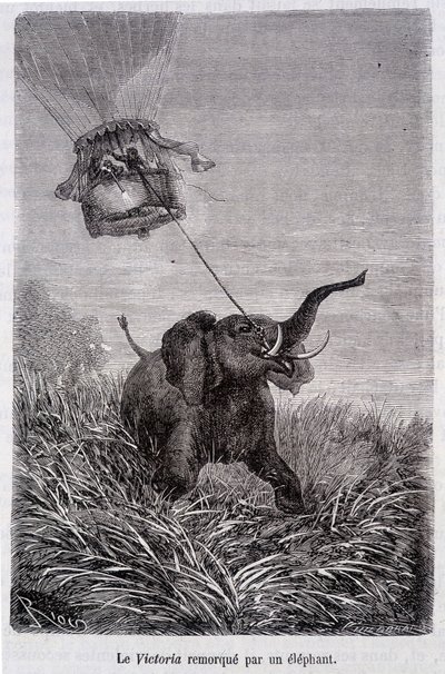 Elefantin hinaama Victoria - Jules Vernen romaanissa "Five Weeks in Balloon" tekijältä French School