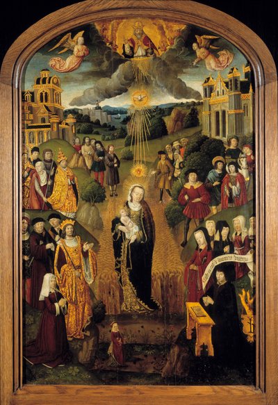 Neitsyt vehnän kanssa Kuningas Ludvig XII (1462-1515) ja paavi Aleksanteri VI (1431-1503) ovat paikalla. Maapalloa pitelevä Kaikkivaltias Jumala siunasi kohtauksen samalla kun Pyhä Henki suojeli Neitsyttä ja lasta. 1500-luvun ranskalaisen koulun puumaalaus tekijältä French School