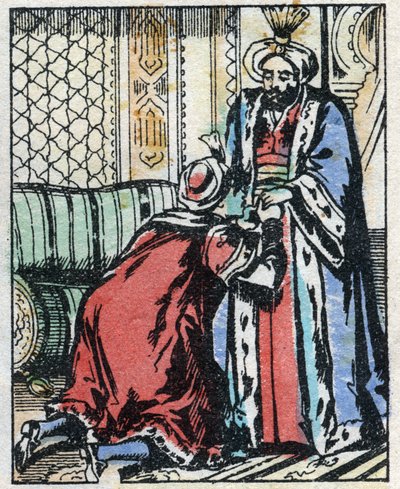 Visiirin poika kieltäytyy menemästä naimisiin sulttaanin tyttären kanssa. Kaiverrus tarinasta Tuhannen ja yhden yön "" Aladin ja ihana lamppu"". Epinaalinen kuvantaminen, 1800-luvun loppu. Yksityinen kokoelma. tekijältä French School
