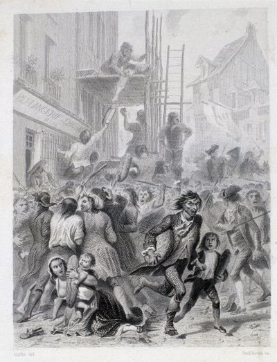 Jauhosota: mellakka leipomon edessä toukokuussa 1775 (Ranskan vallankumouksen ensimmäiset hedelmät). tekijältä French School