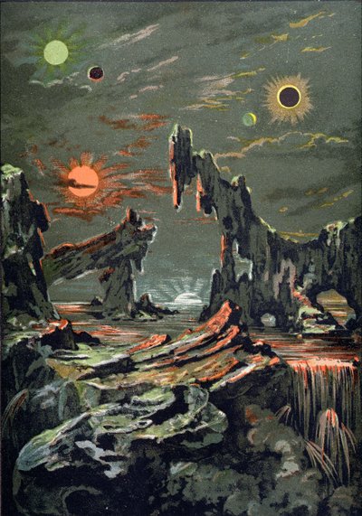 Neljän kuun ja neljän auringon maailma, kuvitus Astronomie Populairesta, kirjoittanut Camille Flammarion (1842-1925) 1881 tekijältä French School