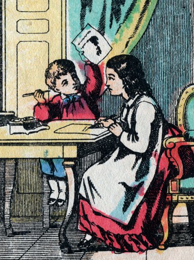 Toimintaa hyvien perheiden tytöille: pikkuveljen auttaminen läksyissä - Epinal kuva - 1800-luku (kaiverrus) tekijältä French School