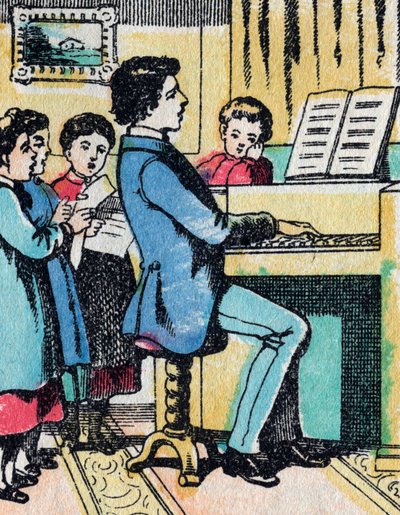 Toimintaa hyvien perheiden tytöille: musiikin oppiminen - Epinal-kuva - 1800-luku (kaiverrus) tekijältä French School