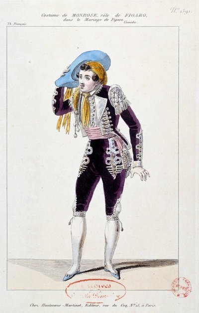 Näyttelijä Claude Louis Seraphin Barizain (tai Barisain) näytteli Monrosea (1783-1843) Figaron roolissa Le mariage de Figaro -elokuvassa”, Pierre Augustin Caron de Beaumarchais (1732-1799) 1784 Pariisi, Comedie francaise tekijältä French School